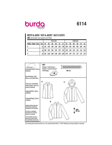 Patron Burda 6114 - Gilet ou Veste col montant ou a capuche du 34 au 44