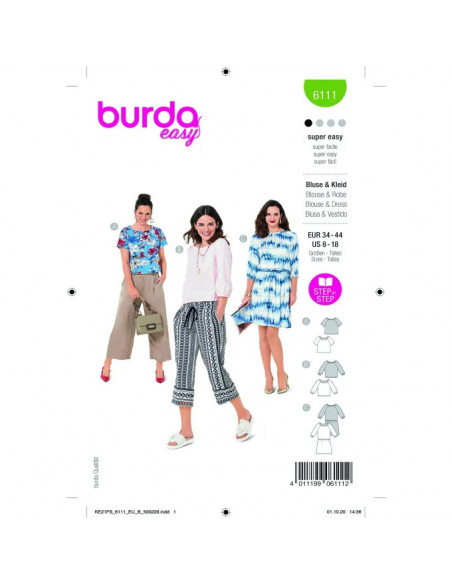 Patron Burda 6111 - Blouses lâches, encolure Carmen du 34au 44