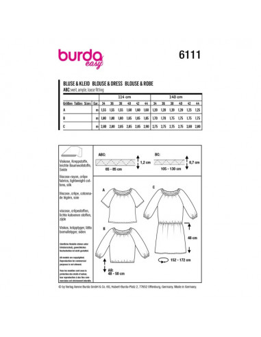 Patron Burda 6111 - Blouses lâches, encolure Carmen du 34au 44