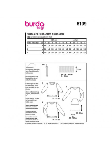 Patron Burda 6109 - SweaTee-Shirts ou Robe en maille ou jersey du 34 au 44
