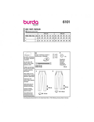 Patron Burda 6101 - Pantalons en tissu à plis permanents du 34 au 44