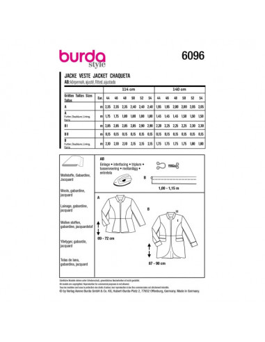 Patron Burda 6096 - Veste avec basque du 44 au 54