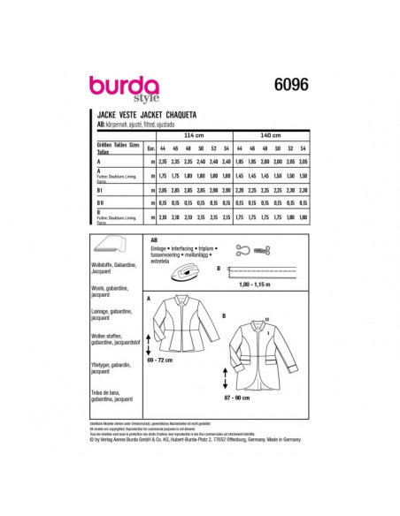Patron Burda 6096 - Veste avec basque du 44 au 54