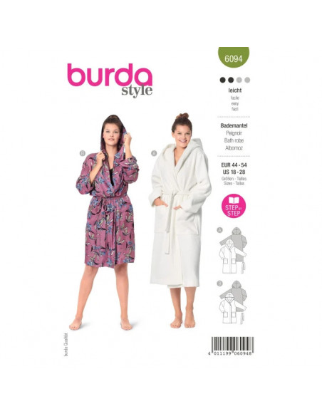Patron Burda 6094 - Peignoir avec capuche et poches plaquées du 44 au 54
