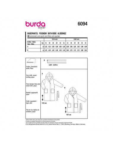 Patron Burda 6094 - Peignoir avec capuche et poches plaquées du 44 au 54