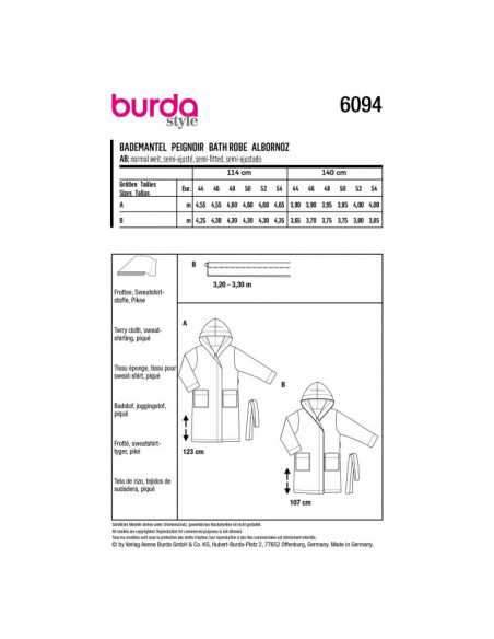 Patron Burda 6094 - Peignoir avec capuche et poches plaquées du 44 au 54