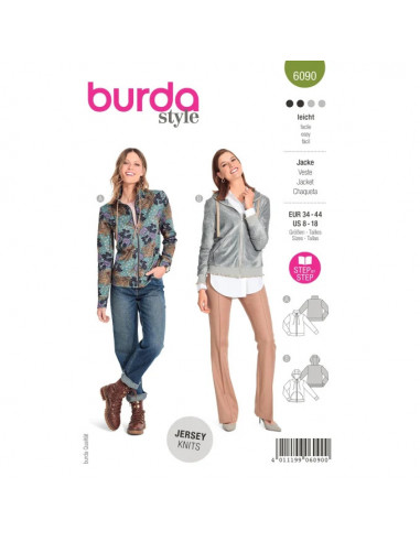 Patron Burda 6090- Veste sweat-shirt avec fermeture à glissière du 34 au 44