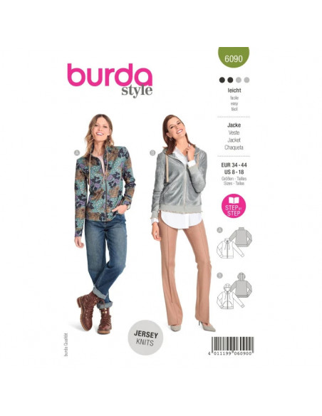Patron Burda 6090- Veste sweat-shirt avec fermeture à glissière du 34 au 44