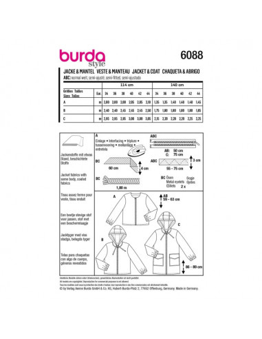 Patron Burda 6088- Vestes, manteau – sportifs avec fermeture à glissière du 34 au 44