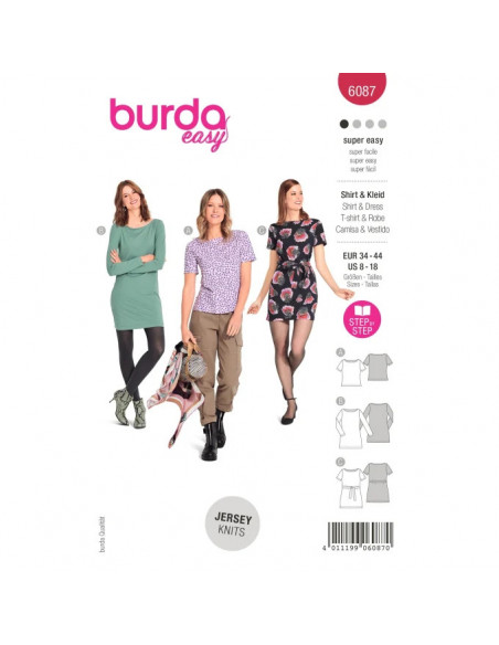 Patron Burda 6087 - Tee-Shirt, robe – près du corps avec encolure bateau du 34 au 44
