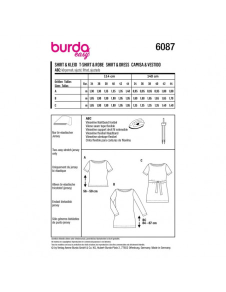 Patron Burda 6087 - Tee-Shirt, robe – près du corps avec encolure bateau du 34 au 44