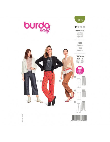 Patron Burda 6085 - Pantalon à ceinture élastique et jambes droites du 34 au 44
