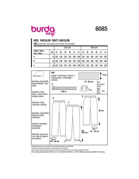 Patron Burda 6085 - Pantalon à ceinture élastique et jambes droites du 34 au 44
