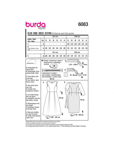 Patron Burda 6083 - Robe festive à jupe ample / robe fourreau en dentelle du 34 au 44