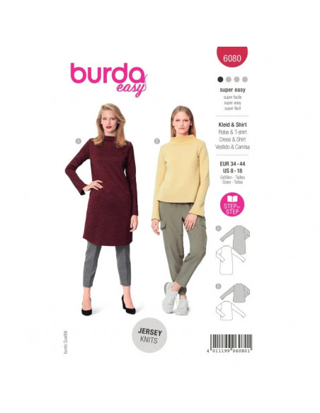 Patron Burda 6080 - Robe, Tee-Shirt avec col intégré au devant et au dos du 34 au 44