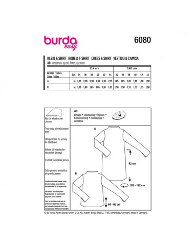 Patron Burda 6080 - Robe, Tee-Shirt avec col intégré au devant et au dos du 34 au 44