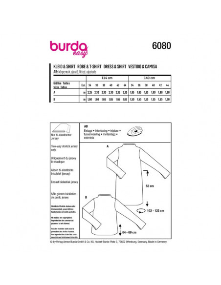 Patron Burda 6080 - Robe, Tee-Shirt avec col intégré au devant et au dos du 34 au 44