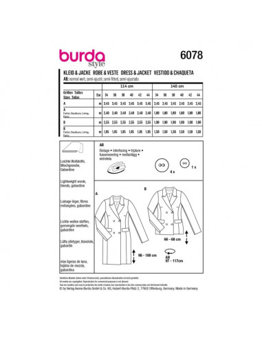 Patron Burda 6078 - Robe blazer et veste – croisée avec revers du 34 au 44