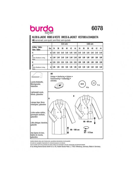 Patron Burda 6078 - Robe blazer et veste – croisée avec revers du 34 au 44