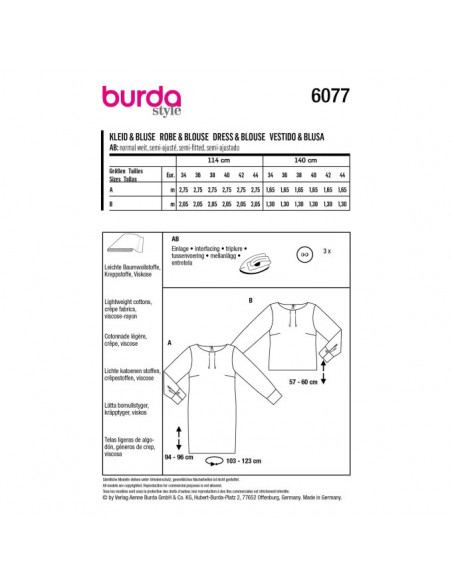 Patron Burda 6077 - Robe et blouse dans une coupe droite avec poignets du 34 au 44