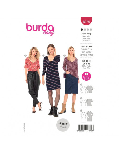 Patron Burda 6075- T-shirt, robe – forme droite avec encolure en V du 34 au 44