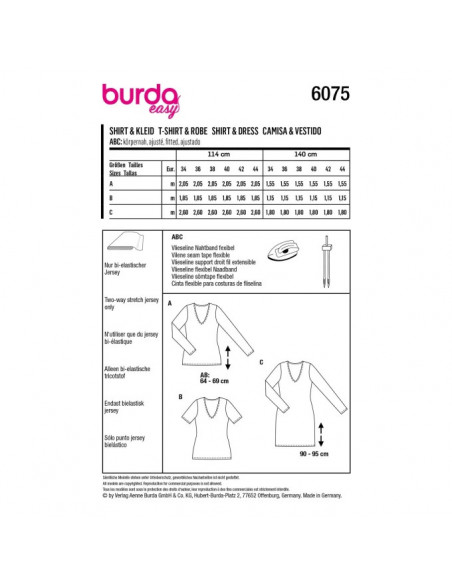 Patron Burda 6075- T-shirt, robe – forme droite avec encolure en V du 34 au 44