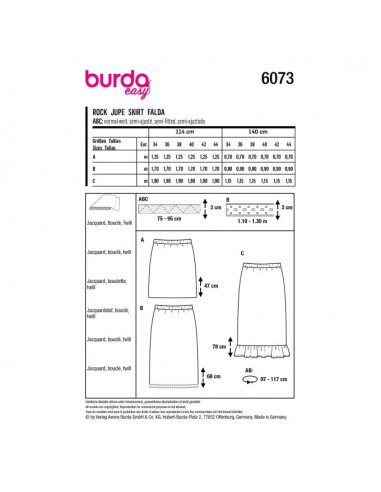 Patron Burda 6073 - Jupe en trois longueurs avec ceinture élastiquée, forme ajustée du 34 au 44