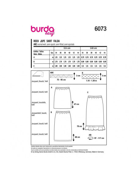 Patron Burda 6073 - Jupe en trois longueurs avec ceinture élastiquée, forme ajustée du 34 au 44