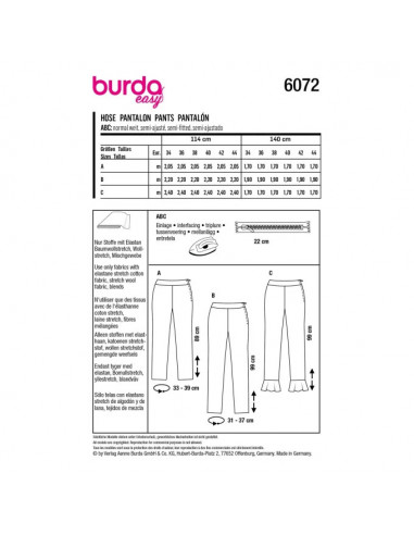 Patron Burda 6072 - Pantalons de forme étroite avec fermeture à glissière latérale du 34 au 44
