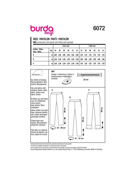 Patron Burda 6072 - Pantalons de forme étroite avec fermeture à glissière latérale du 34 au 44