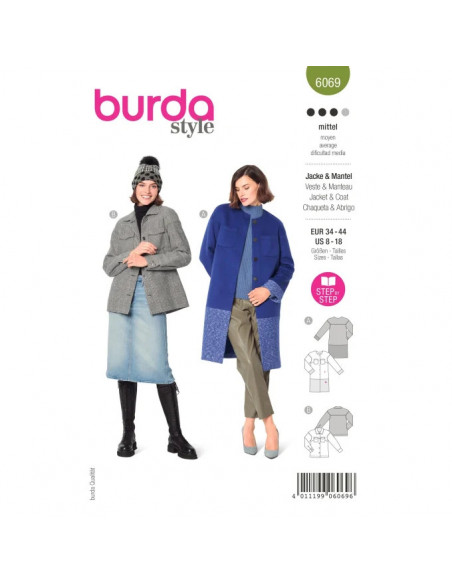 Patron Burda 6069- Manteau, veste – poches plaquées – surchemise du 34 au 44