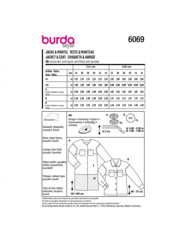 Patron Burda 6069- Manteau, veste – poches plaquées – surchemise du 34 au 44