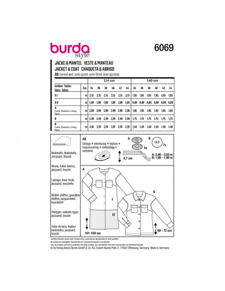 Patron Burda 6069- Manteau, veste – poches plaquées – surchemise du 34 au 44