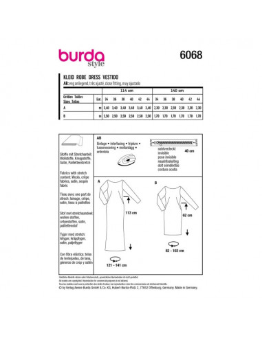 Patron Burda 6068- Robe, robe de soirée – silhouette ajustée – avec décolleté dos du 34 au 44