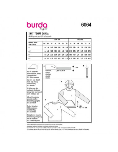 Patron Burda 6064 - SweaTee-Shirt Homme classique avec capuche ou bordure d'encolure du 44 au 54