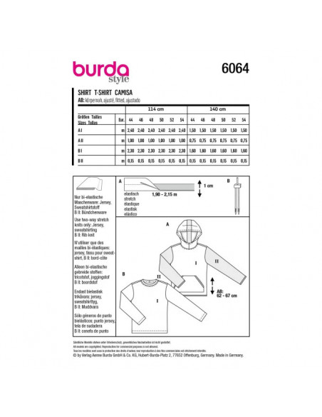 Patron Burda 6064 - SweaTee-Shirt Homme classique avec capuche ou bordure d'encolure du 44 au 54