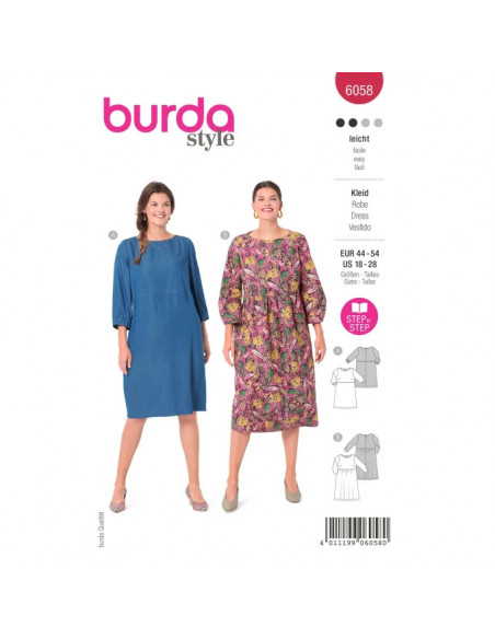 Patron Burda 6058 - Robe – tombé fluide – manches 3/4 du 44 au 54