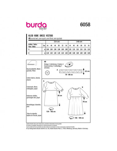 Patron Burda 6058 - Robe – tombé fluide – manches 3/4 du 44 au 54