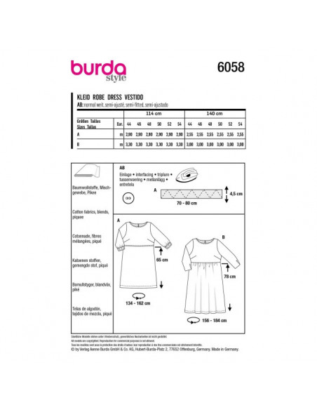 Patron Burda 6058 - Robe – tombé fluide – manches 3/4 du 44 au 54