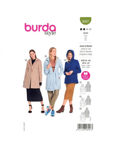 Patron Burda 6057 - Manteau, veste avec découpes et capuche du 34 au 48