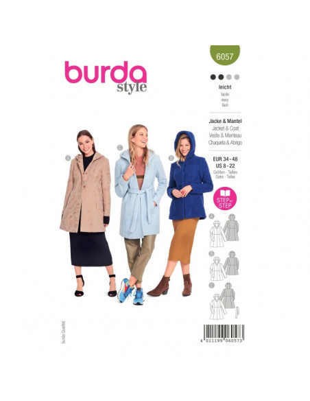 Patron Burda 6057 - Manteau, veste avec découpes et capuche du 34 au 48