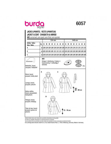 Patron Burda 6057 - Manteau, veste avec découpes et capuche du 34 au 48