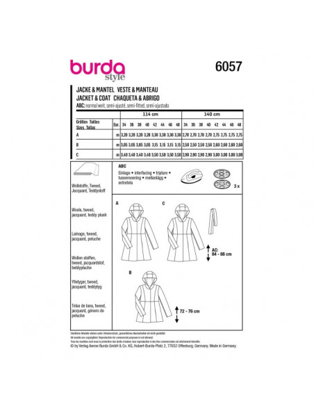 Patron Burda 6057 - Manteau, veste avec découpes et capuche du 34 au 48