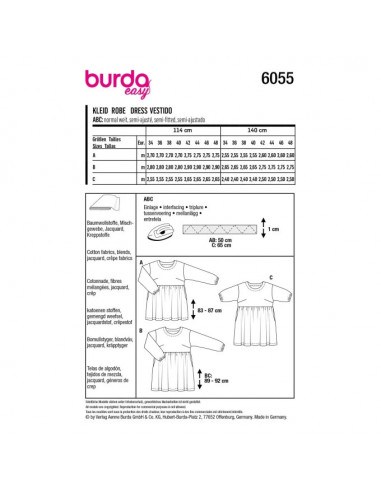 Patron Burda 6055- Robe à jupe froncée du 34 au 48