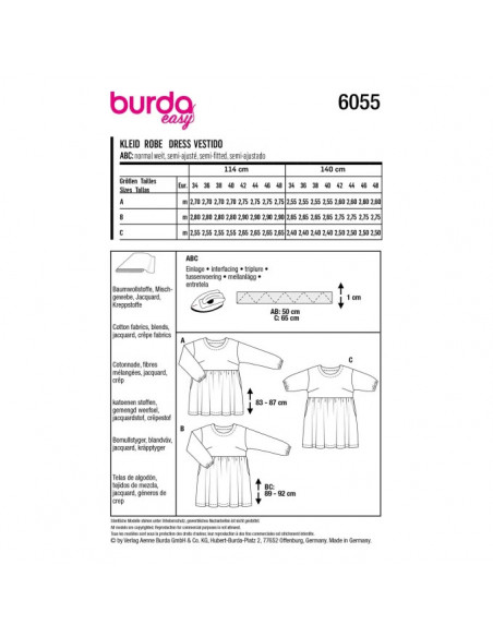 Patron Burda 6055- Robe à jupe froncée du 34 au 48