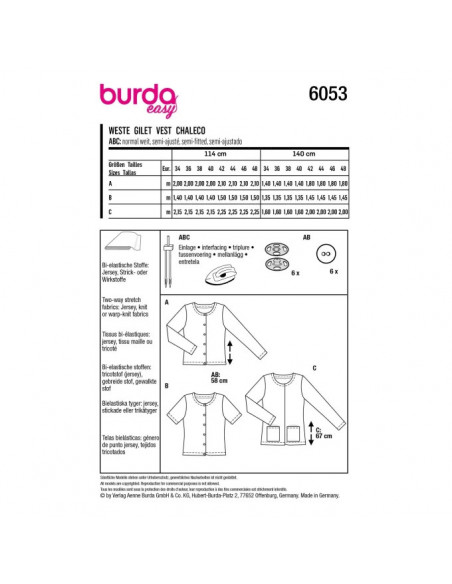 Patron Burda 6053 - Cardigan Femme à encolure ronde du 34 au 48