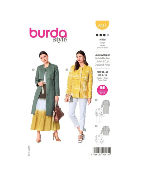 Patron Burda 6041 - Manteau et Veste avec bavolet et petit col montant du 34 au 44