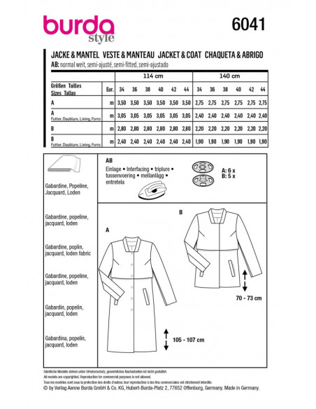 Patron Burda 6041 - Manteau et Veste avec bavolet et petit col montant du 34 au 44