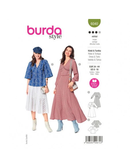 Patron Burda 6040 - Robe et Blouse encolure V et manches froncées du 34 au 44