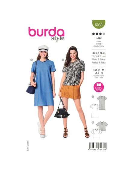 Patron Burda 6039 - Robe et Blouse avec décolleté V dans le dos du 34 au 44